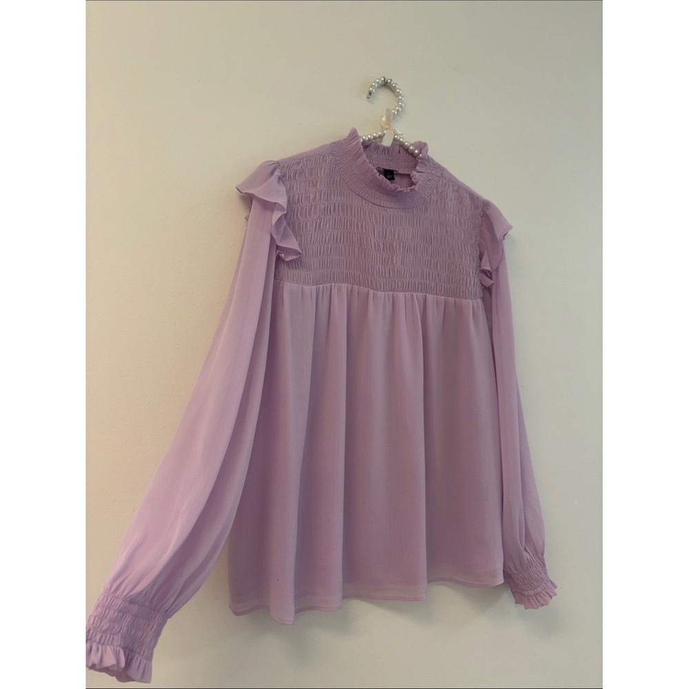 Ann Taylor Lavender Smocked Ruffle-Shoulder Blouse - Picture 4 of 7